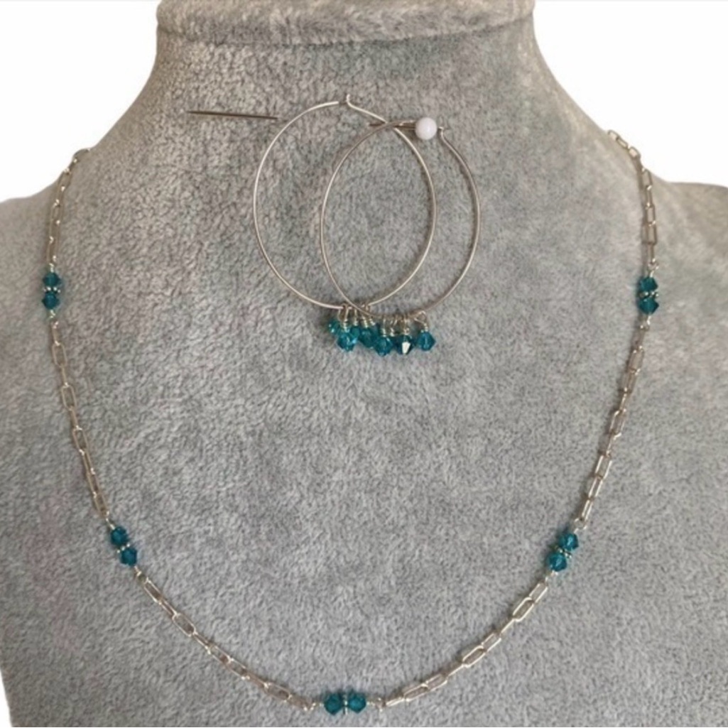 925 Sterling Silver Metal Chain Turquoise Crystal Beaded Chain Necklace Set New